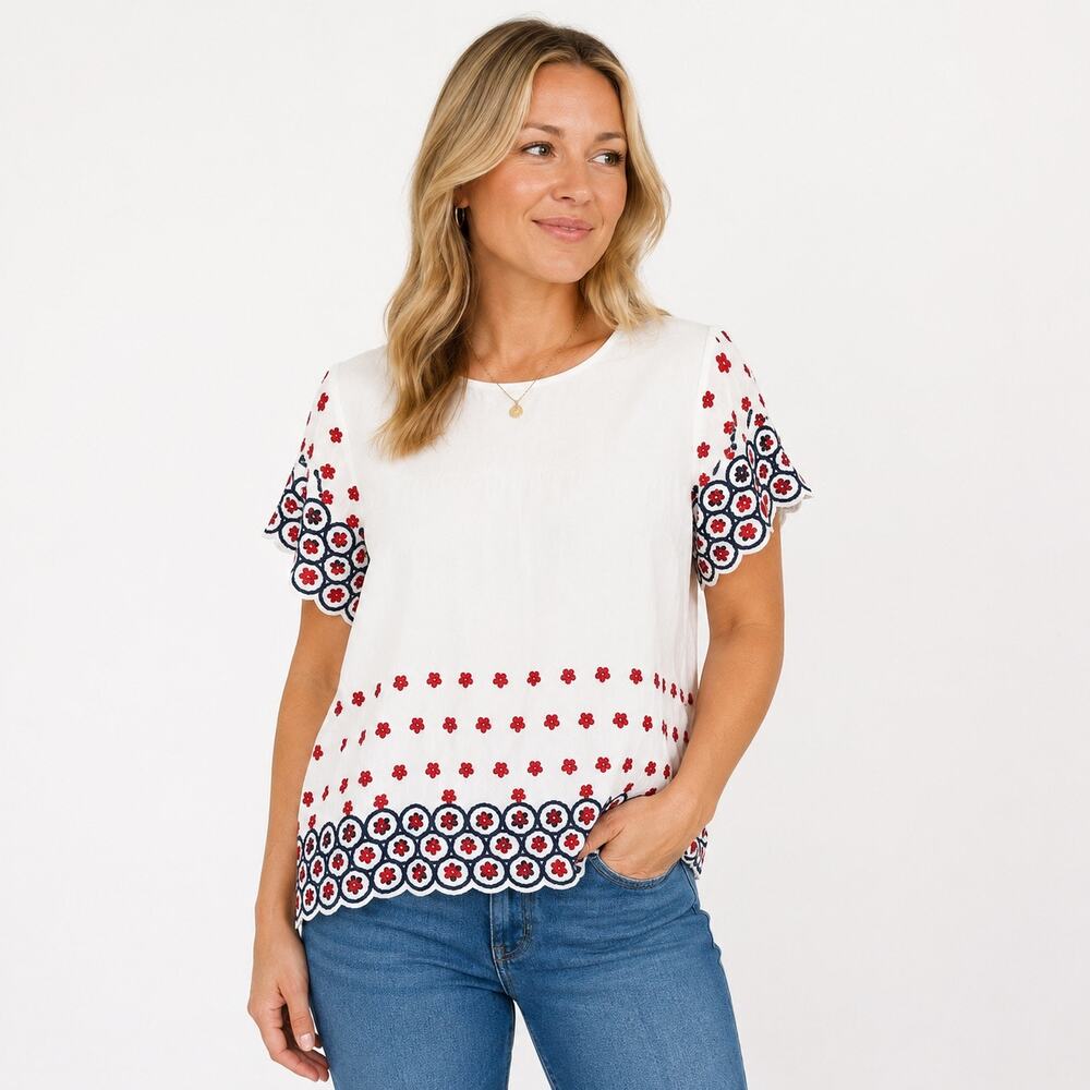 Saks Fifth Avenue White Embroidered Floral Blouse Sz L